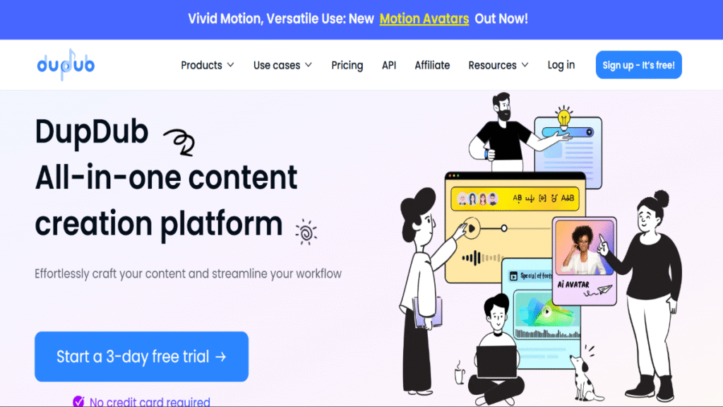 DupDub all-in-one content creation platform with voiceover, AI avatars, and video editing features