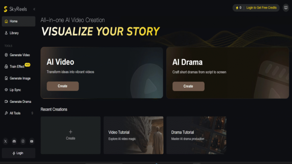SkyReels AI dashboard showing options for AI video and AI drama creation