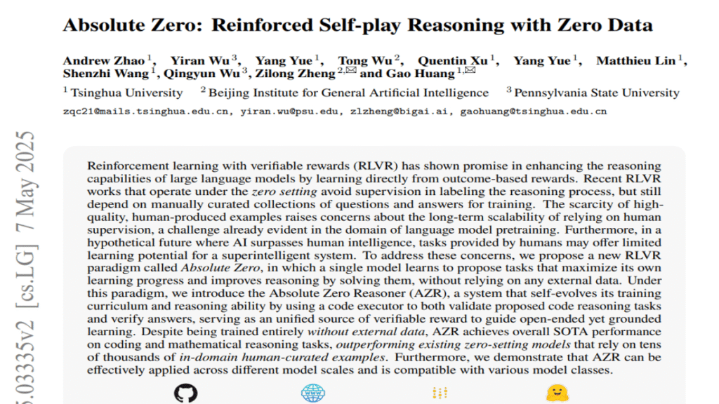 "Title page of the AI research paper 'Absolute Zero: Reinforced Self-play Reasoning with Zero Data' showing authors, affiliations, and abstract summary."