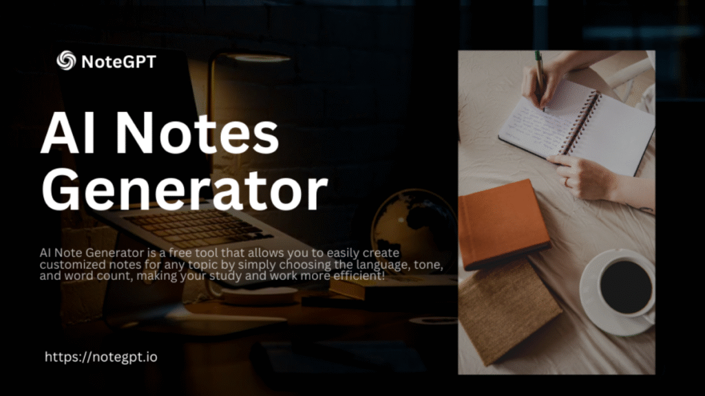 NoteGPT AI Notes Generator interface promoting customized study notes creation for students and professionals