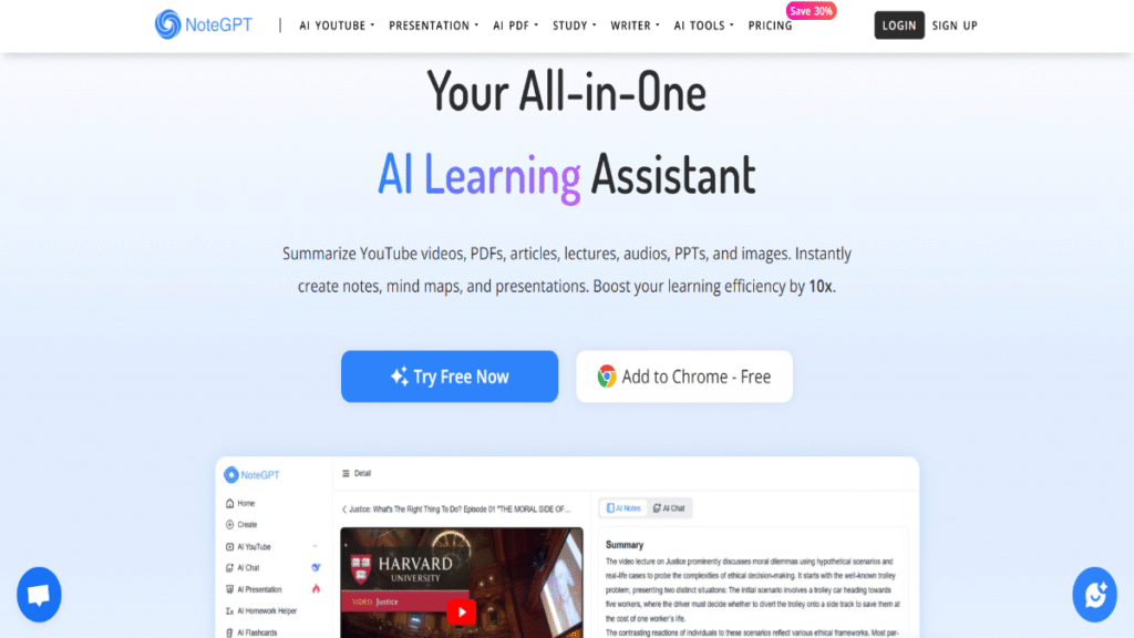 NoteGPT AI learning assistant homepage offering tools to summarize YouTube videos, PDFs, articles, lectures, and more