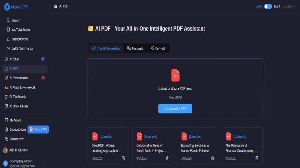 NoteGPT AI PDF टूल का डैशबोर्ड – स्मार्ट PDF चैट, ट्रांसलेट और कन्वर्ट विकल्पों के साथ