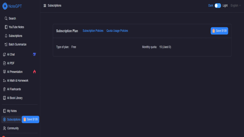 NoteGPT subscription dashboard showing free plan with monthly usage quota and upgrade option