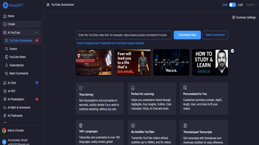 NoteGPT YouTube Summarizer dashboard showing video transcription and summarization features