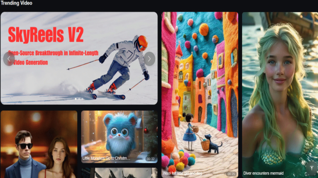 Trending AI-generated videos using SkyReels AI including animation, video making and skiing content