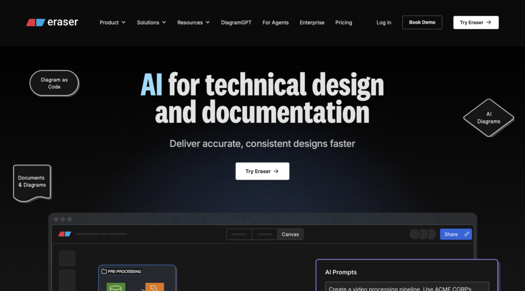 AI-powered technical design and documentation platform by Eraser for creating accurate diagrams and developer documentation.