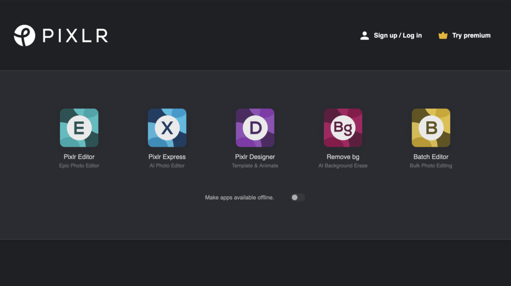 Pixlr AI dashboard showing Pixlr Editor, Pixlr Express, Pixlr Designer, background removal, and batch photo editing tools.