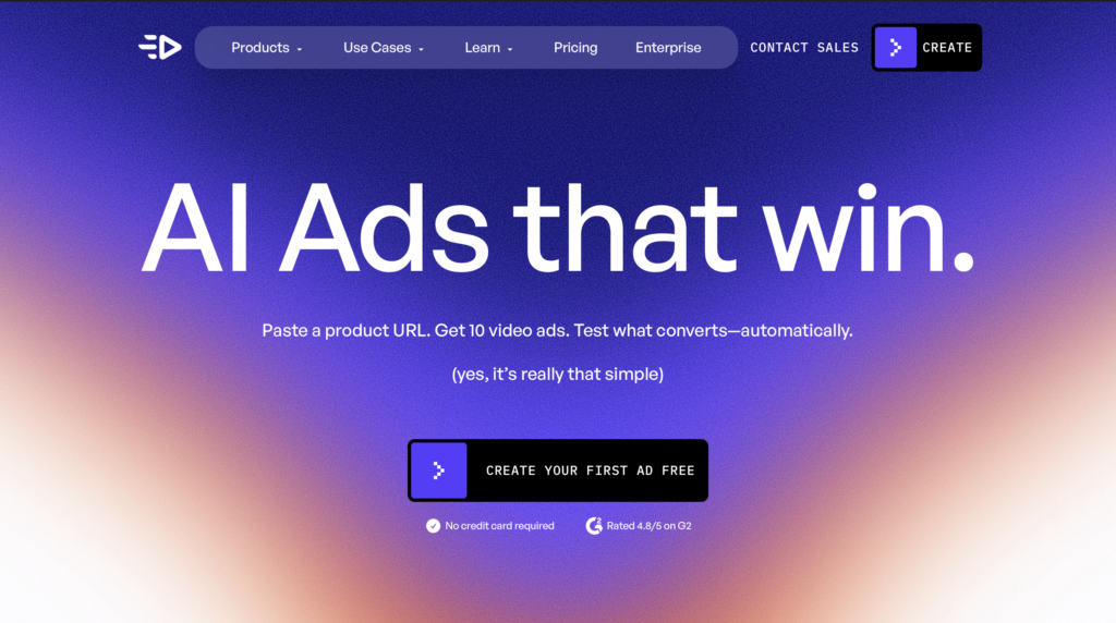 Creatify.ai AI video ad generator homepage showing “AI Ads that win” banner and create first ad free button