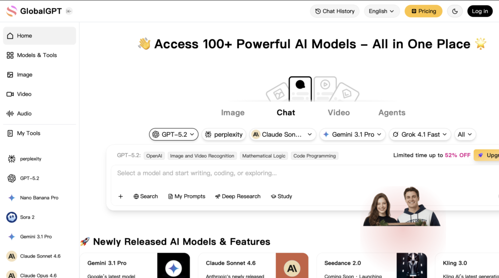 GlobalGPT dashboard showing access to 100+ powerful AI models including GPT-5.2, Claude Sonnet 4.6, Gemini 3.1 Pro and Grok