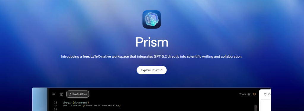 OpenAI Prism GPT-5.2 आधारित LaTeX वर्कस्पेस इंटरफेस, जो वैज्ञानिक लेखन और रिसर्च सहयोग के लिए डिज़ाइन किया गया है।