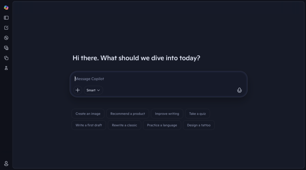 Screenshot of Microsoft Copilot AI chat interface showing message input dashboard with options like create image, improve writing, and take a quiz.