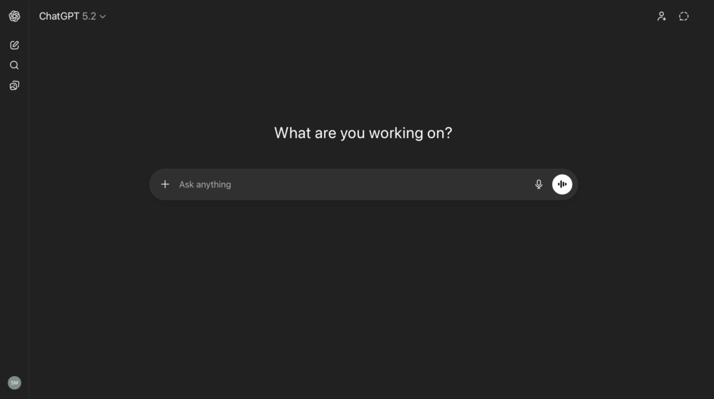 Screenshot of ChatGPT 5.2 interface showing AI chat dashboard with “Ask anything” prompt bar in dark mode.