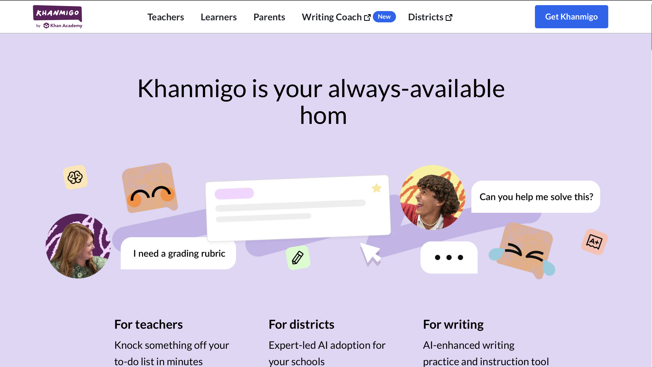 Homepage screenshot of Khan Academy Khanmigo AI tutor showing AI-powered support for teachers, students, writing practice, and grading assistance.