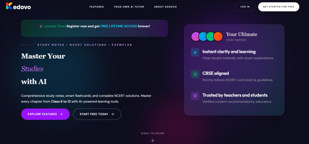 Kedovo AI स्टडी प्लेटफॉर्म का होमपेज, जिसमें CBSE आधारित NCERT सॉल्यूशन और AI ट्यूटर फीचर्स दिखाए गए हैं