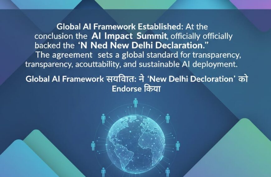 AI Impact Summit में Global AI Framework स्थापित, New Delhi Declaration को पारदर्शिता, जवाबदेही और सतत AI विकास के लिए समर्थन दिया गया।