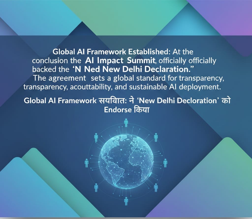 AI Impact Summit में Global AI Framework स्थापित, New Delhi Declaration को पारदर्शिता, जवाबदेही और सतत AI विकास के लिए समर्थन दिया गया।