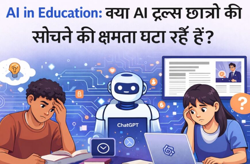 Illustration of students using AI tools like ChatGPT in education, questioning whether AI reduces critical thinking skills in higher education.