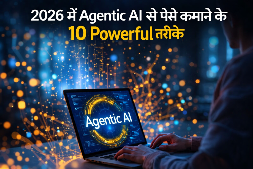 2026 में Agentic AI से पैसे कमाने के 10 Powerful तरीके दिखाता ब्लॉग थंबनेल, लैपटॉप स्क्रीन पर Agentic AI टेक्नोलॉजी