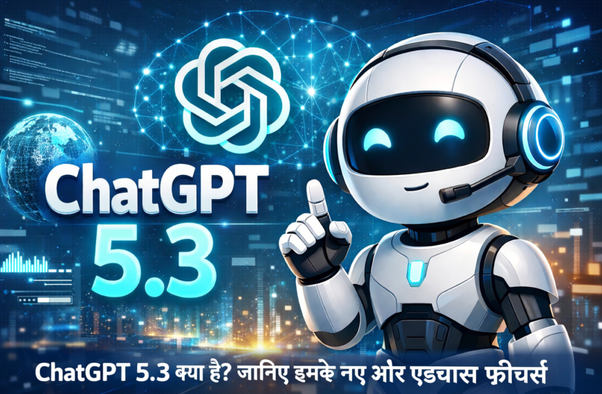 फ्यूचरिस्टिक AI रोबोट के साथ ChatGPT 5.3 इमेज और हिंदी टेक्स्ट जिसमें नए एडवांस फीचर्स की जानकारी दी गई है