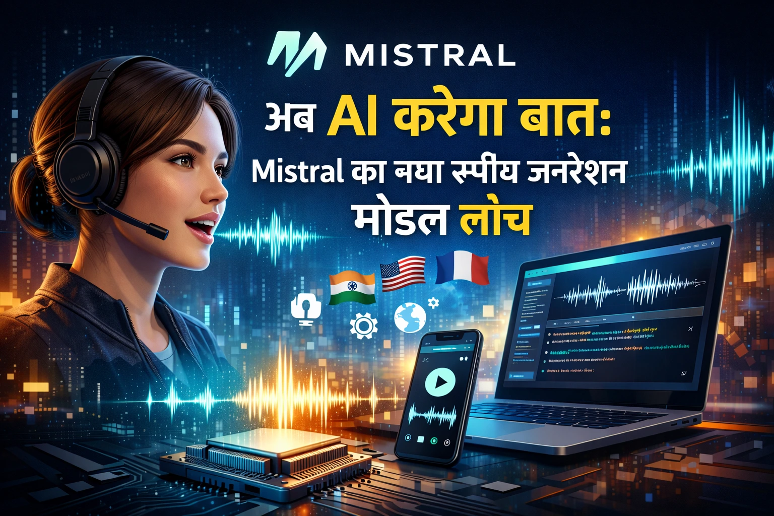 मिस्ट्रल एआई (Mistral AI) के नए स्पीच जनरेशन मॉडल का पोस्टर, जिसमें हेडसेट पहने एक महिला, ऑडियो वेवफॉर्म और भारत, अमेरिका और फ्रांस के झंडे दिखाए गए हैं।