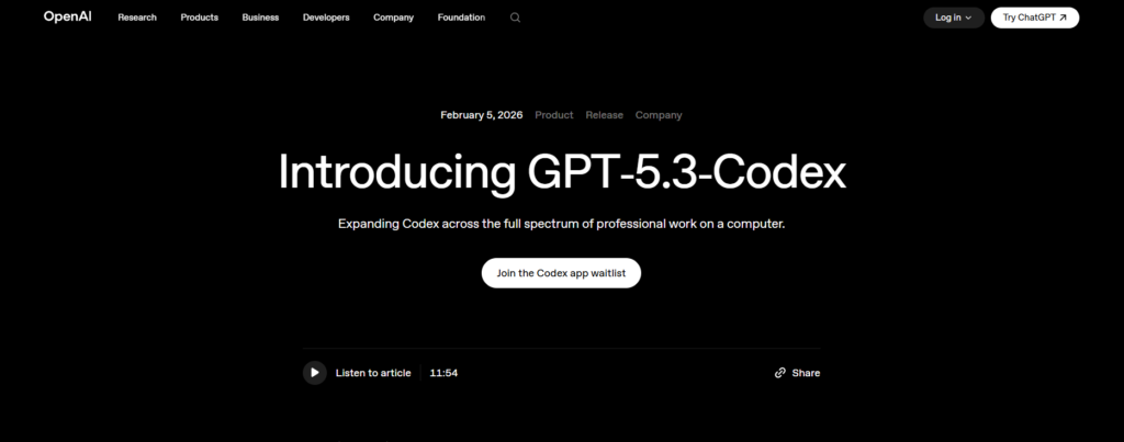 OpenAI वेबसाइट पर Introducing GPT-5.3-Codex प्रोडक्ट रिलीज पेज का स्क्रीनशॉट, फरवरी 2026