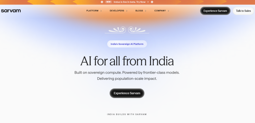 Sarvam AI की आधिकारिक वेबसाइट का स्क्रीनशॉट, जिसमें “AI for all from India” और भारत का Sovereign AI प्लेटफॉर्म संदेश दिखाई दे रहा है।