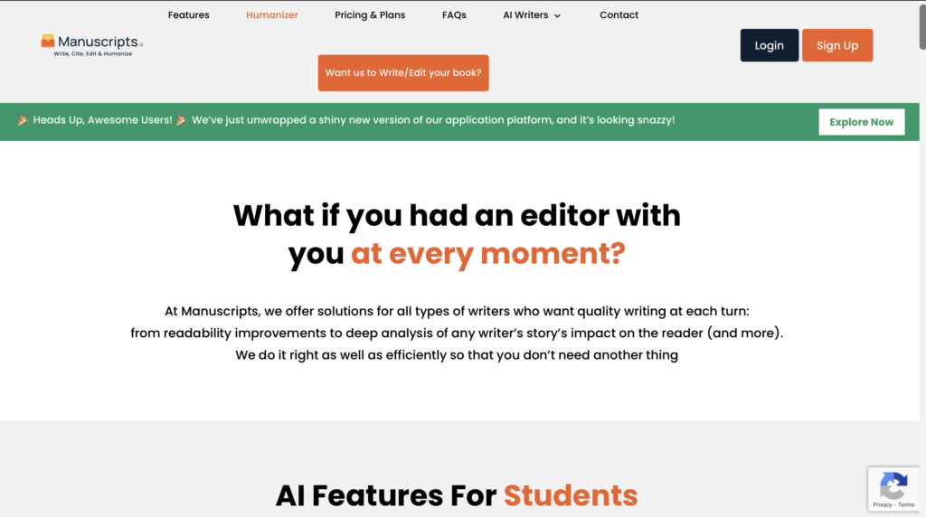 Manuscript AI homepage showing AI editor and writing assistant features for students and authors