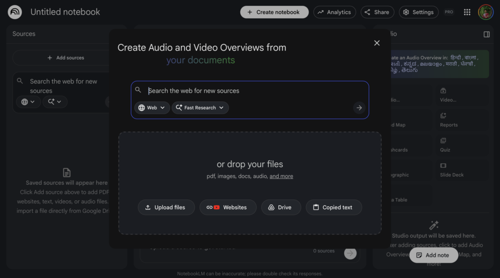 Google NotebookLM interface showing add sources panel to create audio and video overviews from documents.