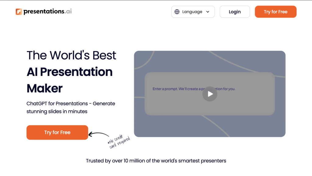 Presentations.ai dashboard showing AI presentation maker that generates slides automatically from prompts.