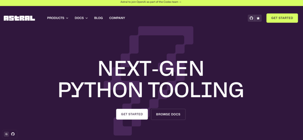Astral वेबसाइट का स्क्रीनशॉट जिसमें Next-Gen Python Tooling और OpenAI acquisition से जुड़ी जानकारी दिखाई गई है