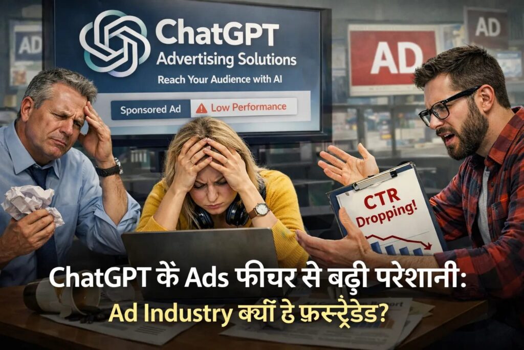 ChatGPT के Ads फीचर से परेशान Ad Industry को दिखाता हुआ थंबनेल, जिसमें मार्केटिंग प्रोफेशनल्स फ्रस्ट्रेट दिख रहे हैं