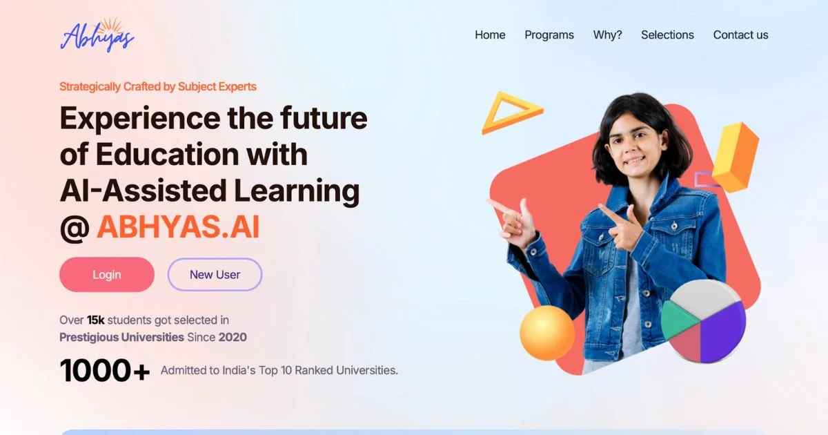 AI-assisted learning platform ABHYAS.AI homepage showing student using smart education technology