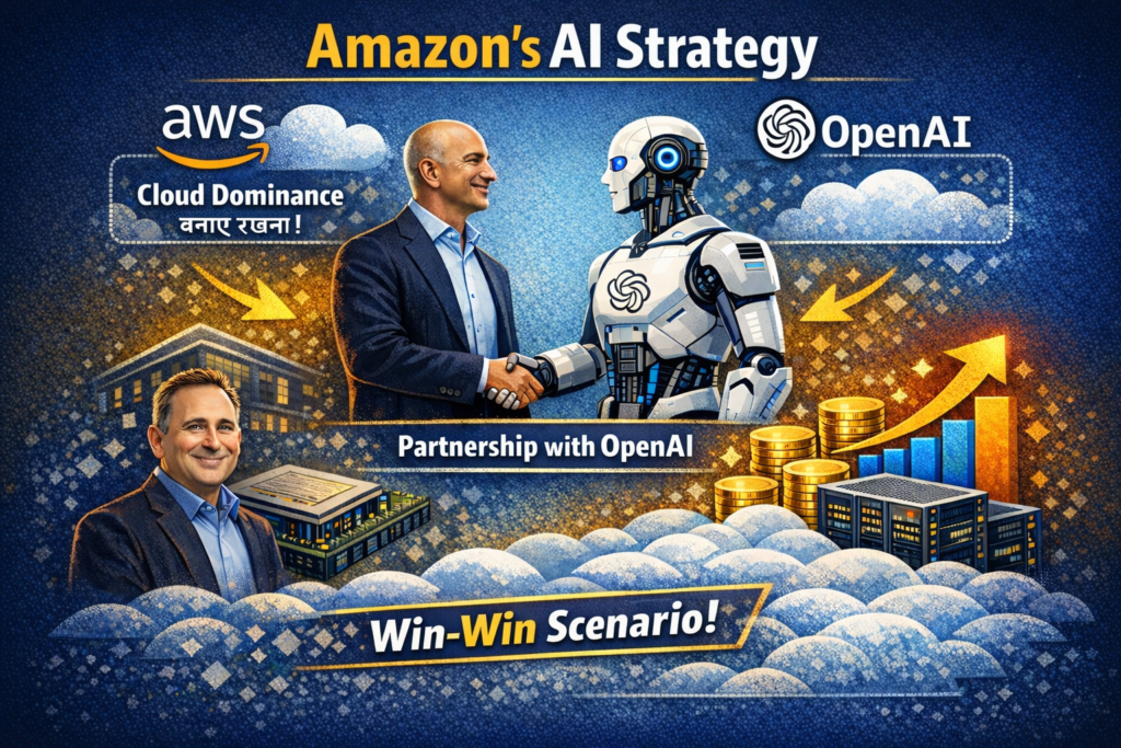 llustration showing Amazon AWS partnership with OpenAI highlighting Amazon’s AI strategy, cloud dominance, and AI investment growth.