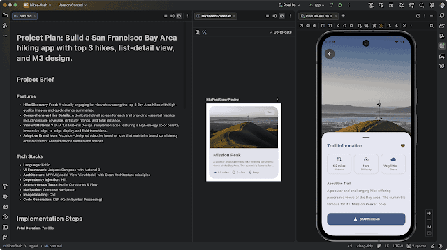 Android Studio interface showing an AI-generated project plan for a San Francisco Bay Area hiking app with emulator preview.