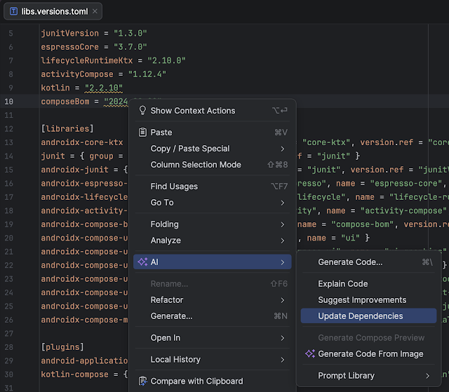 Android Studio AI feature showing the option to update project dependencies from the version catalog file.