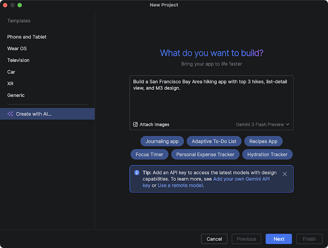 Android Studio New Project window showing the “Create with AI” option and prompt asking what app the developer wants to build.