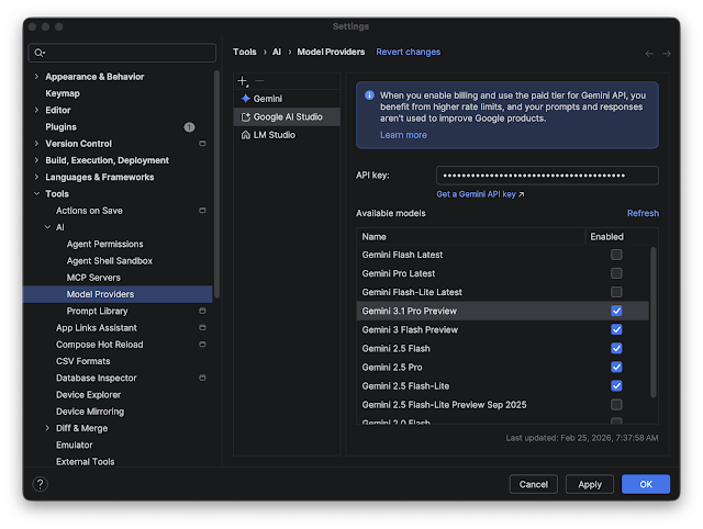 Android Studio settings showing Gemini AI model providers and available models like Gemini 3.1 Flash Preview.