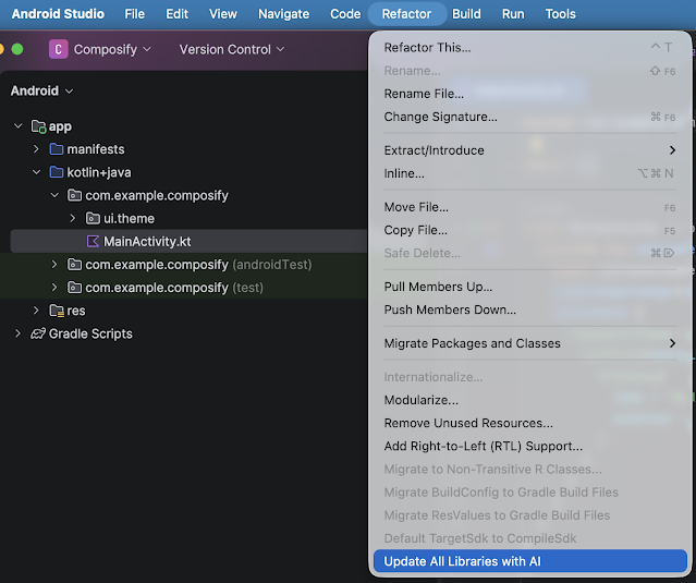 Android Studio refactor menu showing the option to update all libraries using AI.