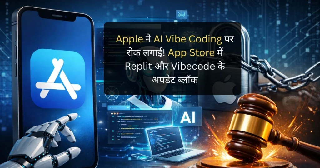 Apple App Store enforcing restrictions on AI coding apps with robot, code interface, and legal gavel concept