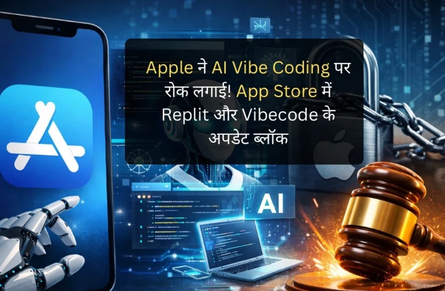 Apple App Store enforcing restrictions on AI coding apps with robot, code interface, and legal gavel concept