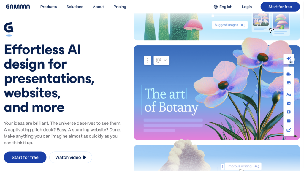 Gamma AI design platform interface for creating presentations, websites, and visual content.