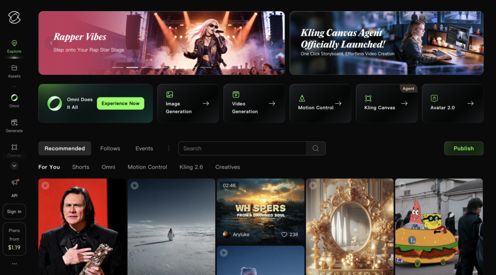 Kling AI dashboard interface showing AI video generation, image generation, motion control, and Kling Canvas features.