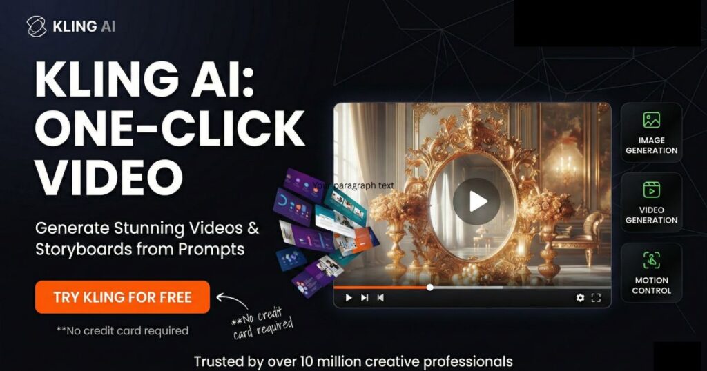 Kling AI one-click video generator interface showing AI video creation, image generation, and motion control features.