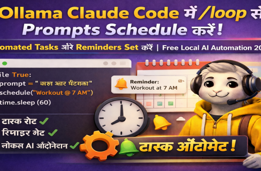 Ollama Claude Code में /loop के जरिए prompts schedule करके automated tasks और reminders set करने वाला local AI automation concept