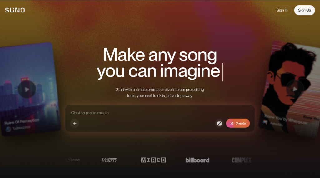 Suno AI music generator interface allowing users to create songs from text prompts.