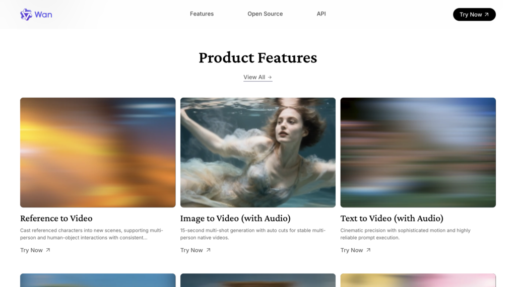 WAN 2.1 AI product features page showing text to video, image to video, and reference to video generation tools.