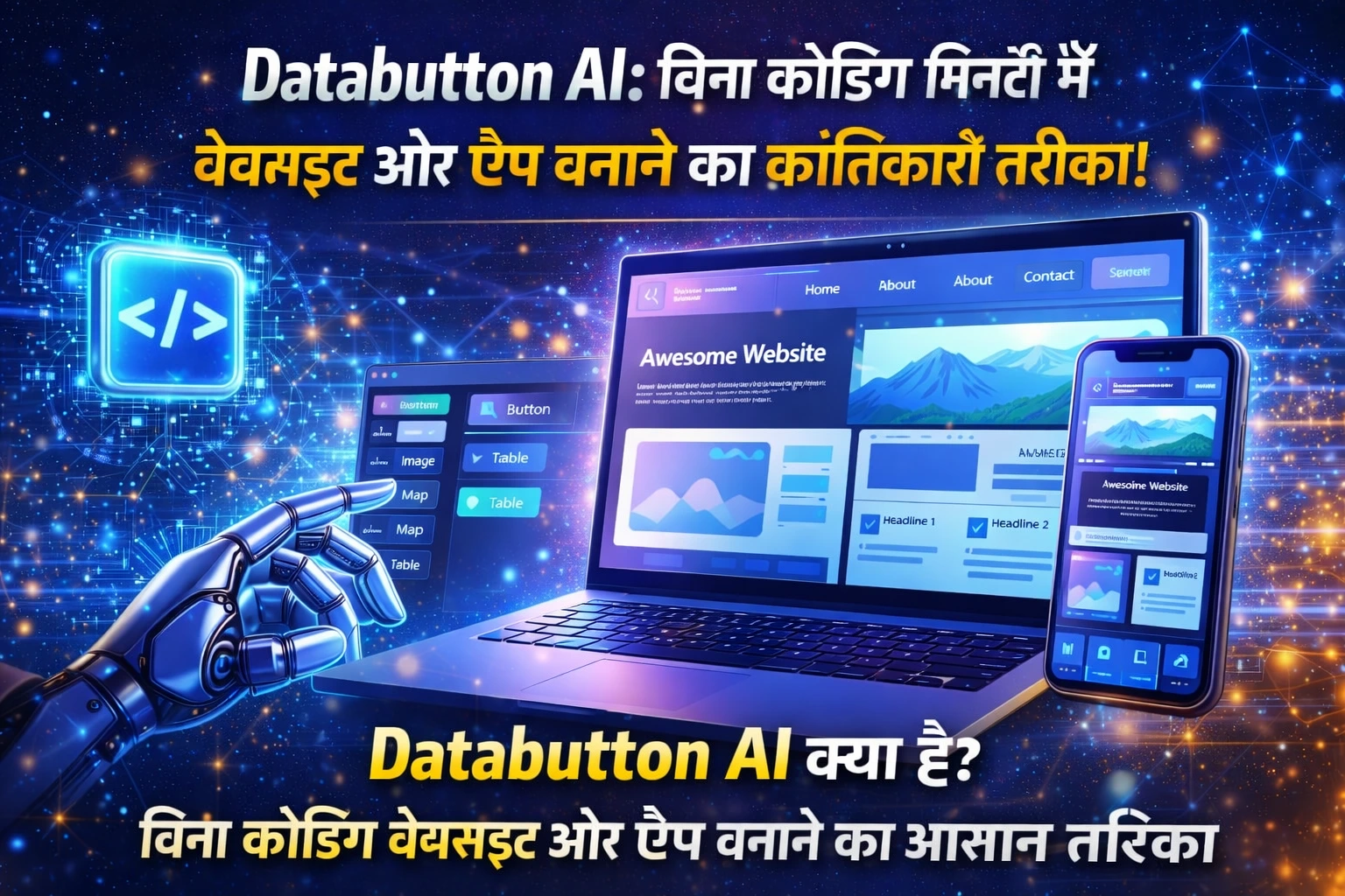 Databutton AI के जरिए बिना कोडिंग वेबसाइट और ऐप बनाते हुए futuristic इंटरफेस और AI टेक्नोलॉजी का दृश्य