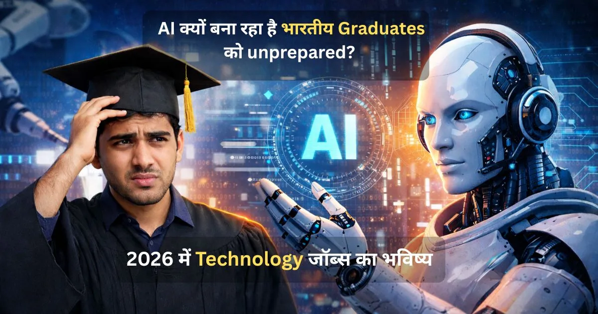 AI vs Indian tech graduates concept showing confused graduate and advanced AI robot highlighting future skills gap