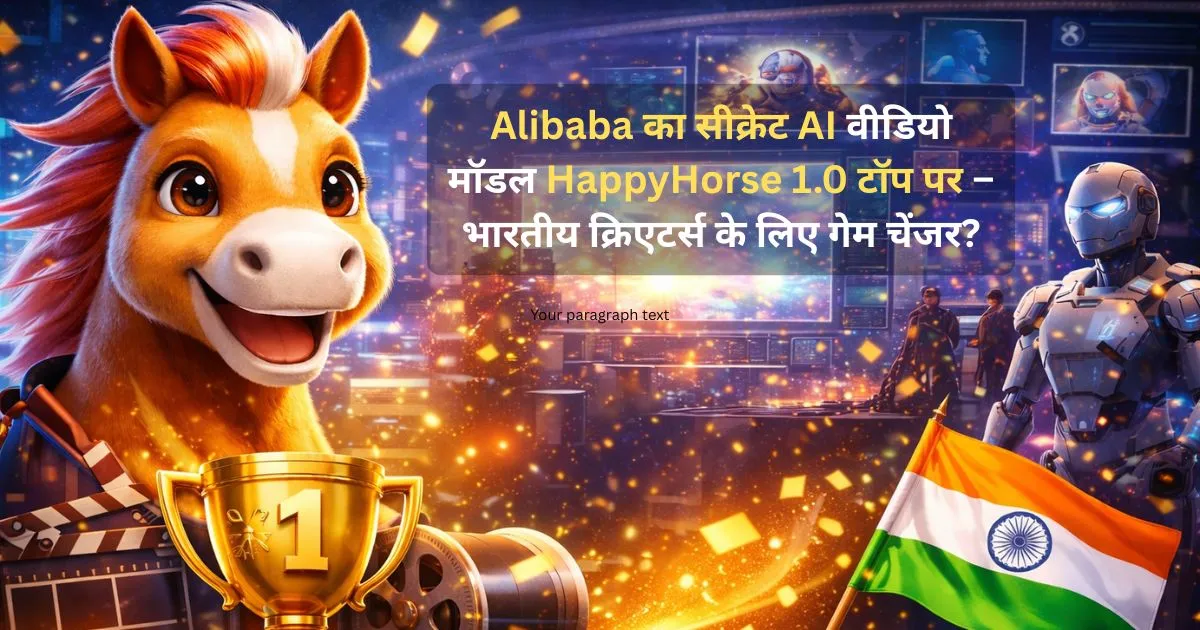 Alibaba HappyHorse1.0 AI video generation model concept with trophy, futuristic studio and Indian creators theme