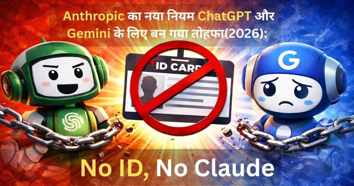 Illustration of AI bots reacting to a blocked ID card showing Anthropic’s No ID No Claude rule impacting ChatGPT and Gemini users